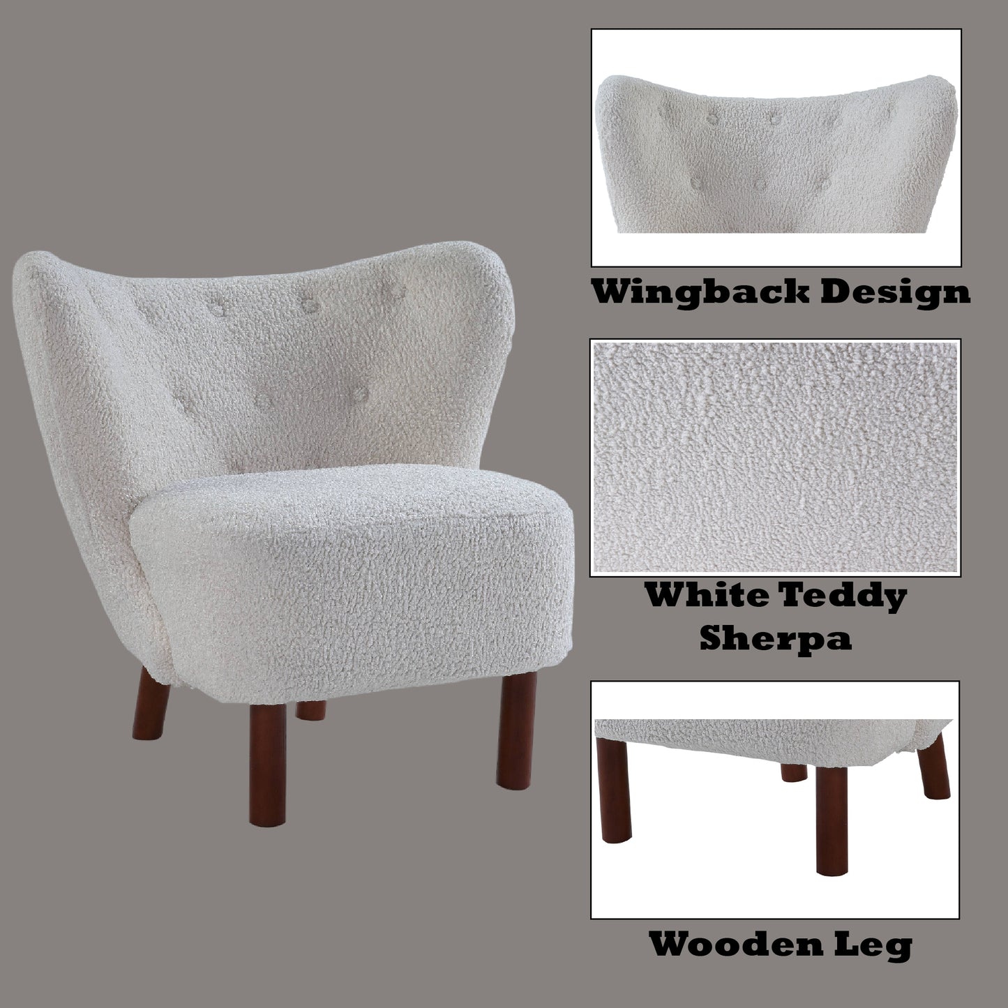 Ivory teddy sherpa accent chair with winged back and dark wooden legs