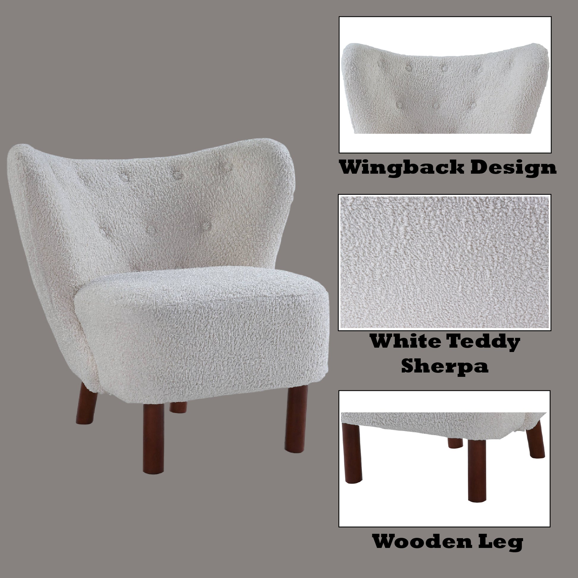 Ivory teddy sherpa accent chair with winged back and dark wooden legs