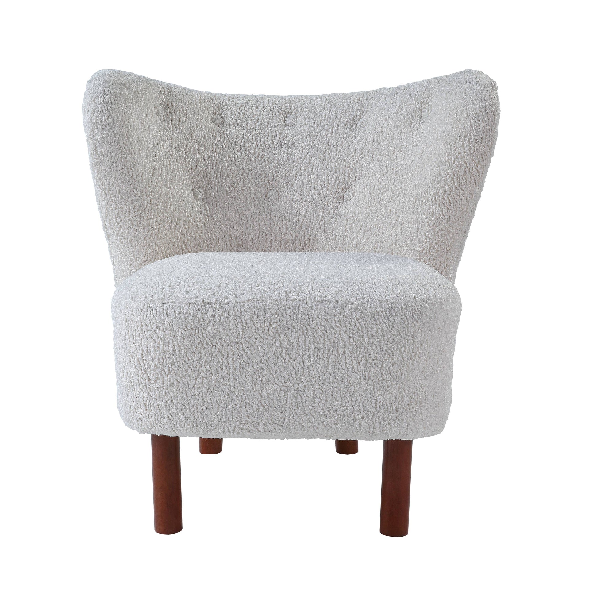 Cream teddy fabric accent chair with button tufting and wooden legs