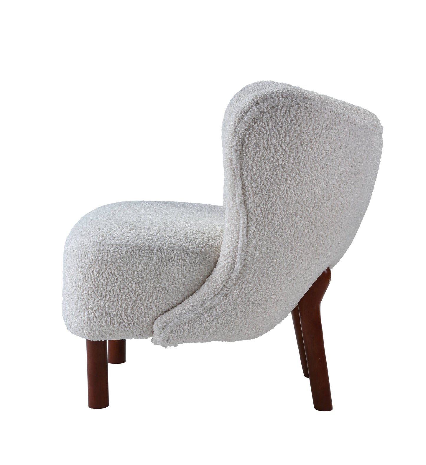 Cozy white boucle accent chair with dark wooden legs perfect for a living room