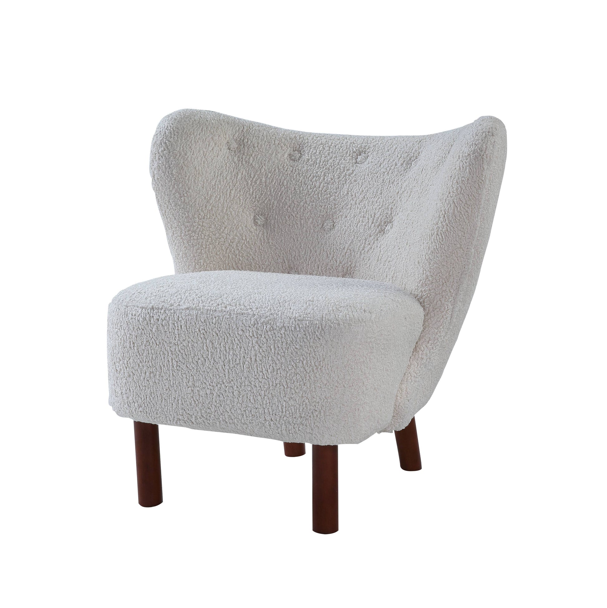 Cozy cream boucle accent chair with dark wooden legs and button tufted back