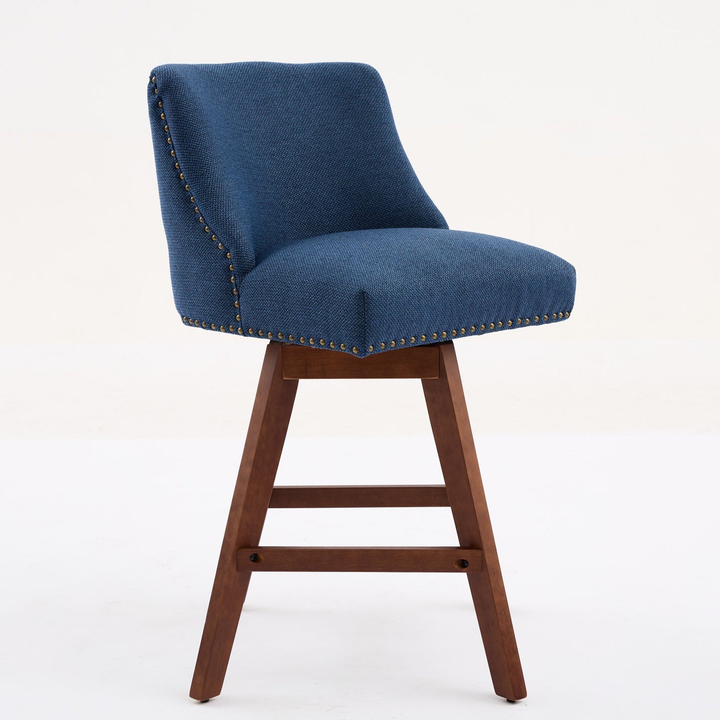 Blue upholstered bar stool with nailhead trim and wooden legs
