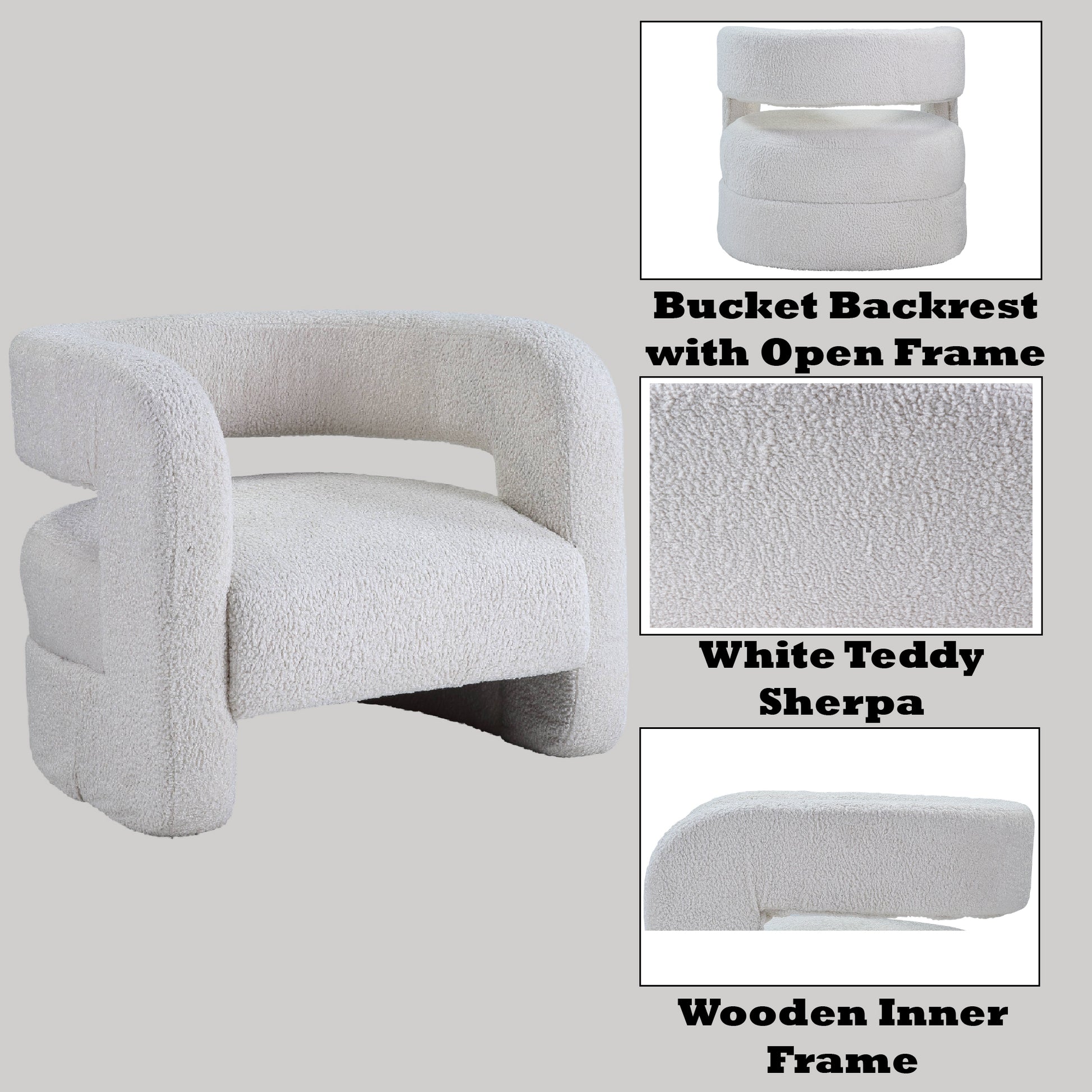 White teddy sherpa accent chair with curved arms and open backrest