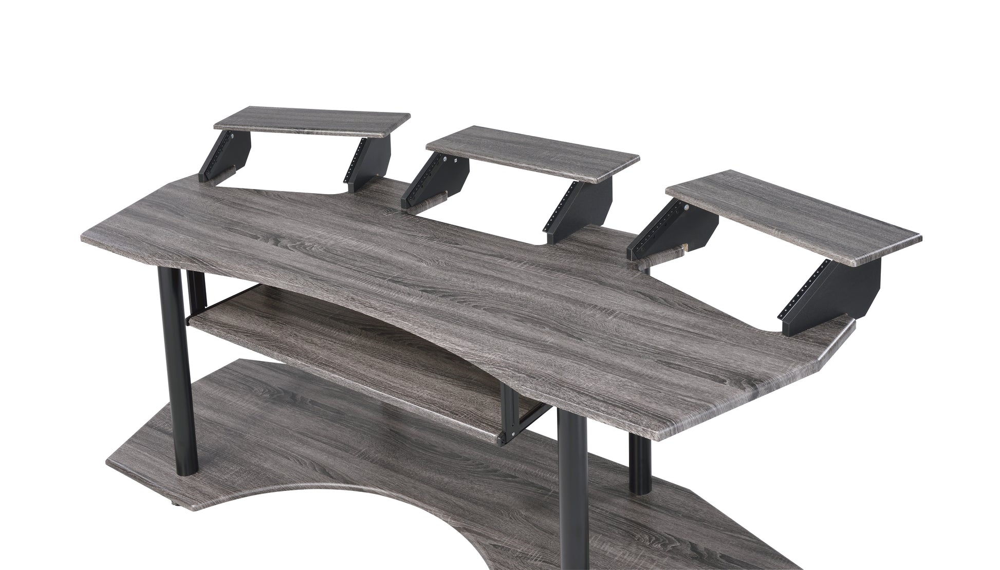 Gray wood grain computer desk with tiered shelves and black metal frame