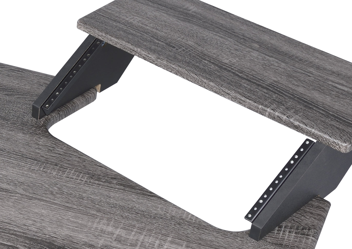 Rustic gray wood computer desk with adjustable black metal legs and ergonomic keyboard tray