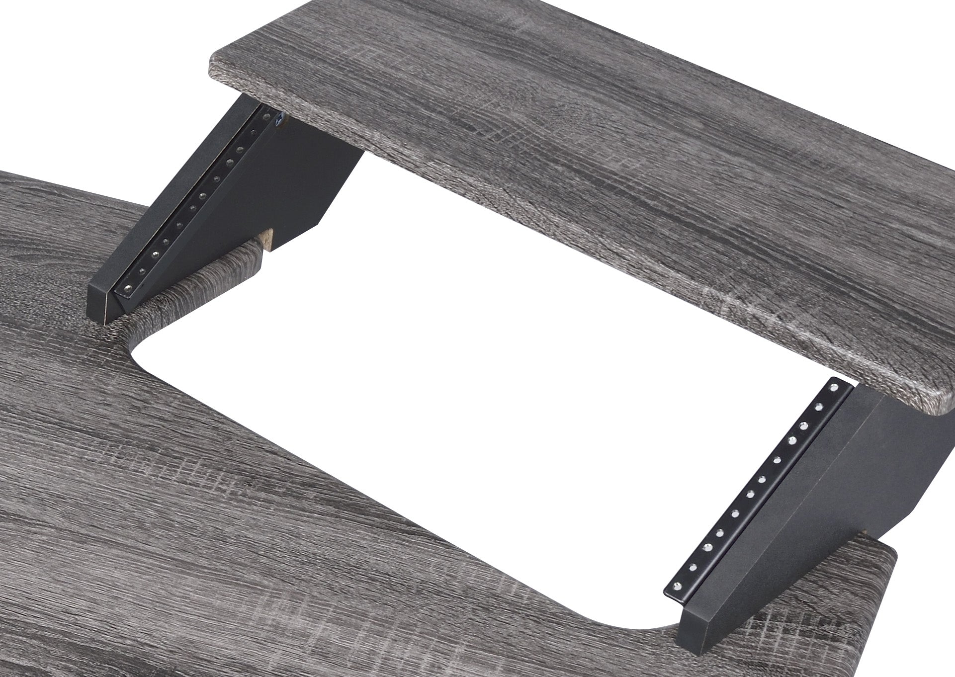 Rustic gray wood computer desk with adjustable black metal legs and ergonomic keyboard tray