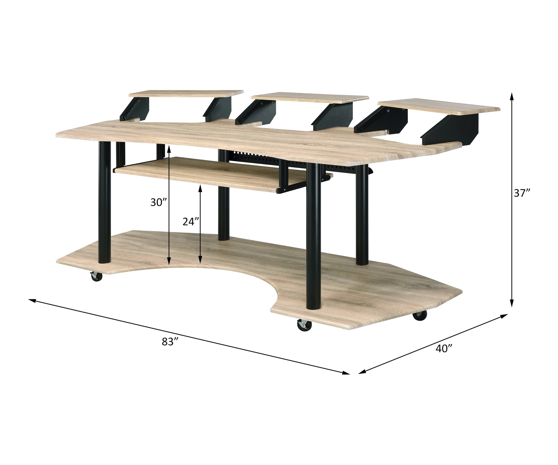 Spacious light wood audio recording desk with a curved front multiple tiered shelves and rolling casters for mobility