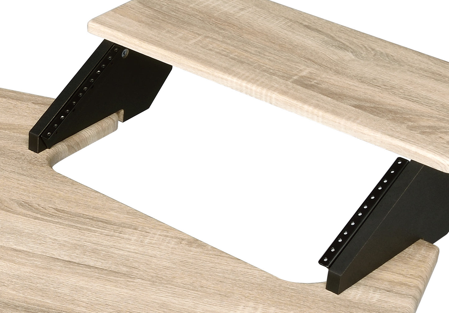 Closeup of light oak veneer desktop with black metal support brackets on a sitstand desk