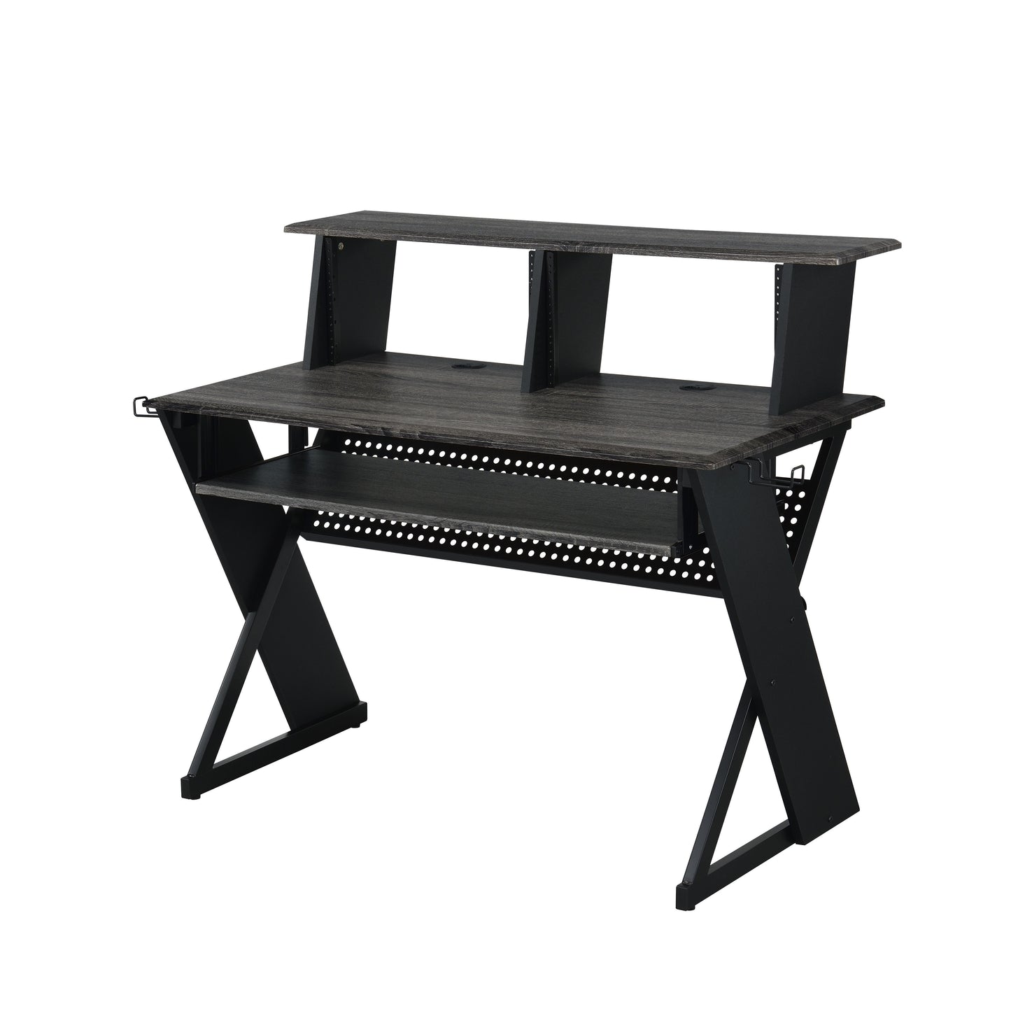Dark wood studio desk with black metal legs and dual shelf risers for audio equipment