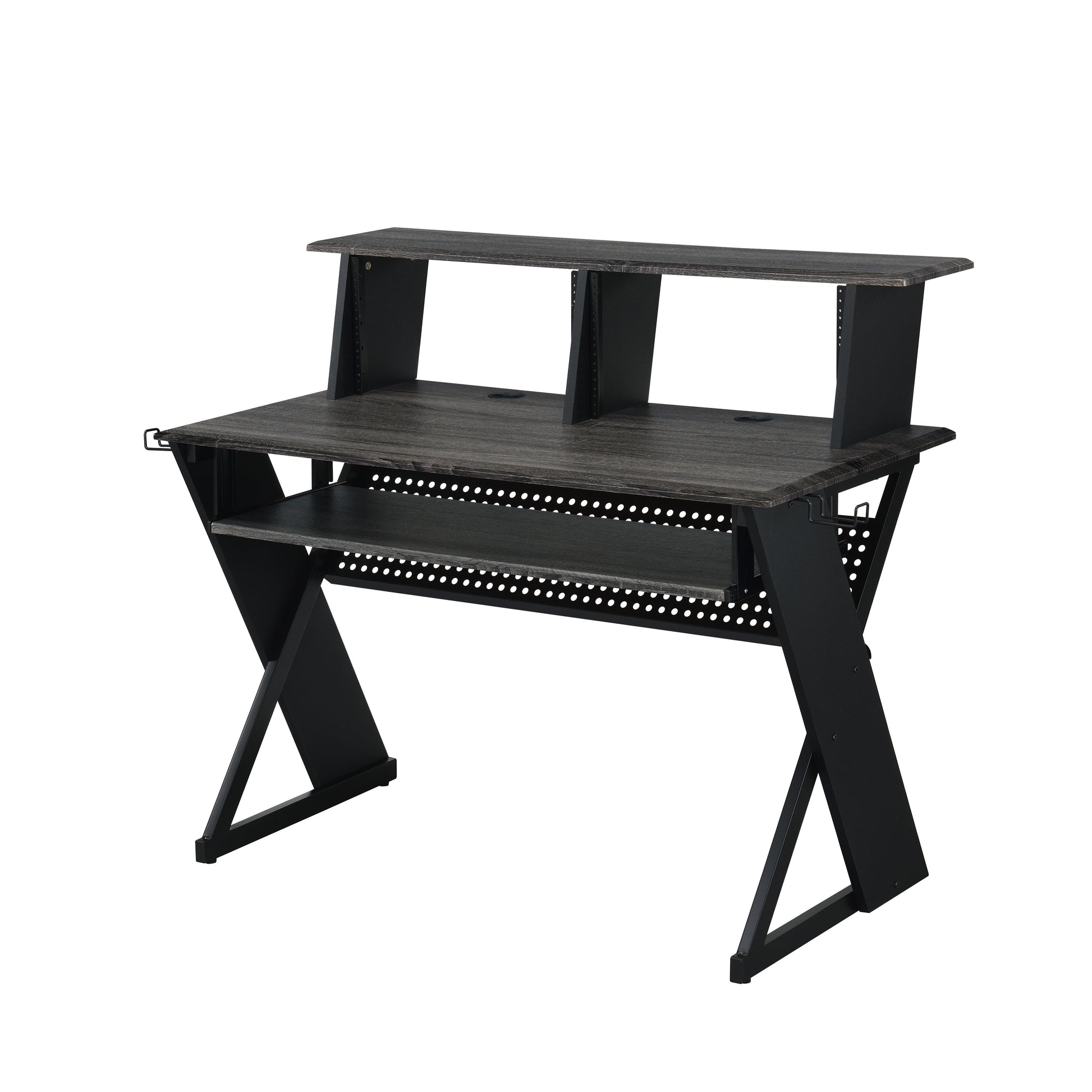 Dark wood studio desk with black metal legs and dual shelf risers for audio equipment