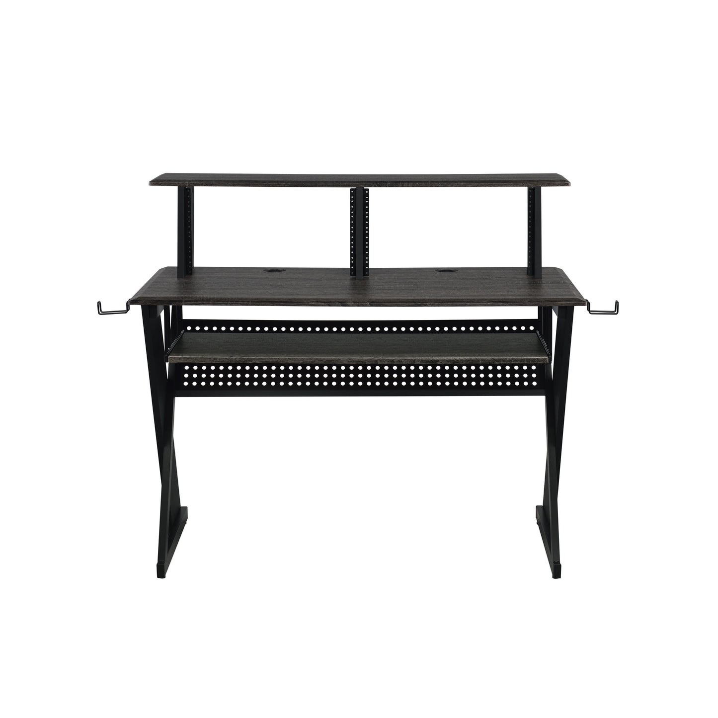 Dark wood studio desk with dual shelves and headphone hooks