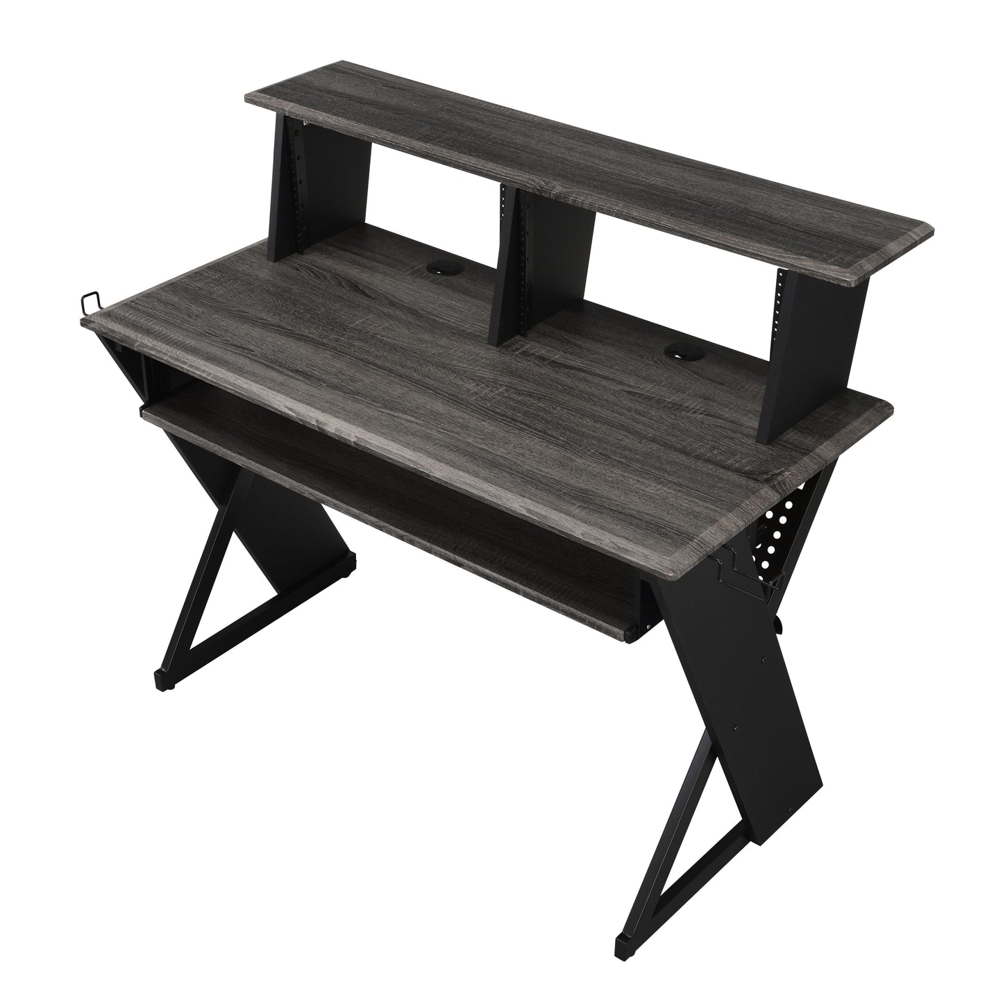 Dark gray wood studio desk with black metal frame and raised shelf