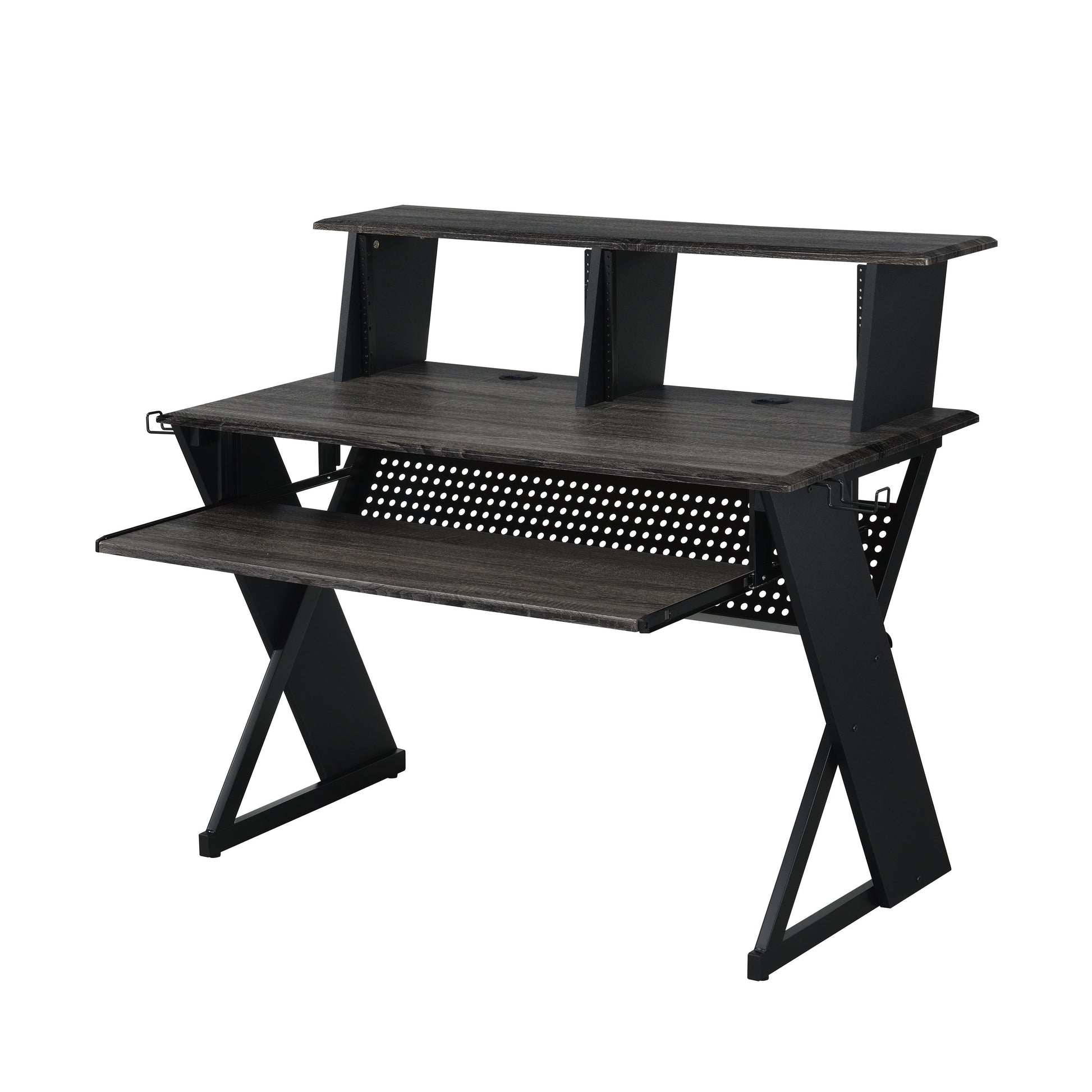 Dark wood studio desk with sliding keyboard tray and dual monitor stands