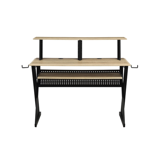 Oak finish recording desk with dualtier shelves and black metal frame ideal for music production
