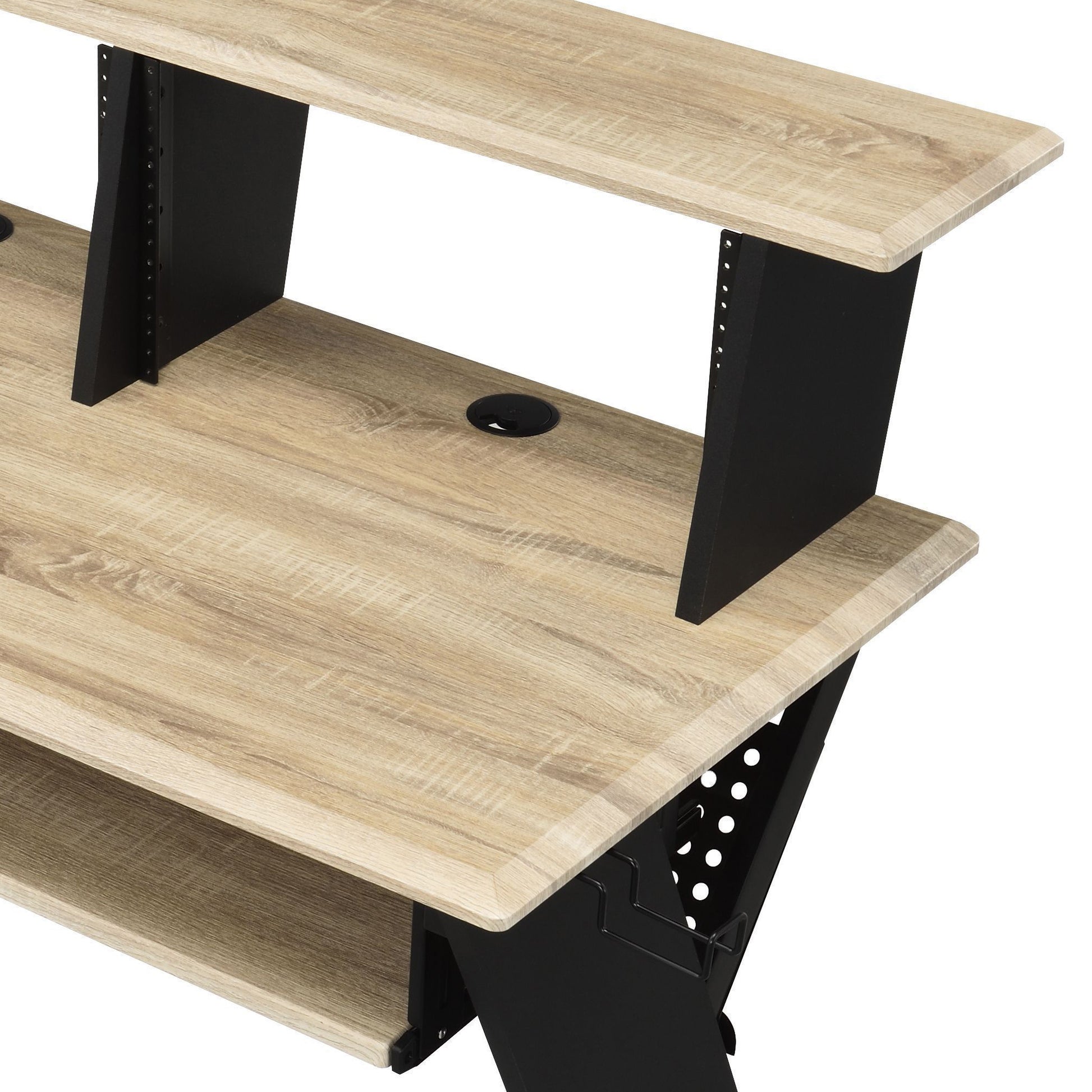 Light oak veneer studio desk with black metal frame and dual tiered shelving