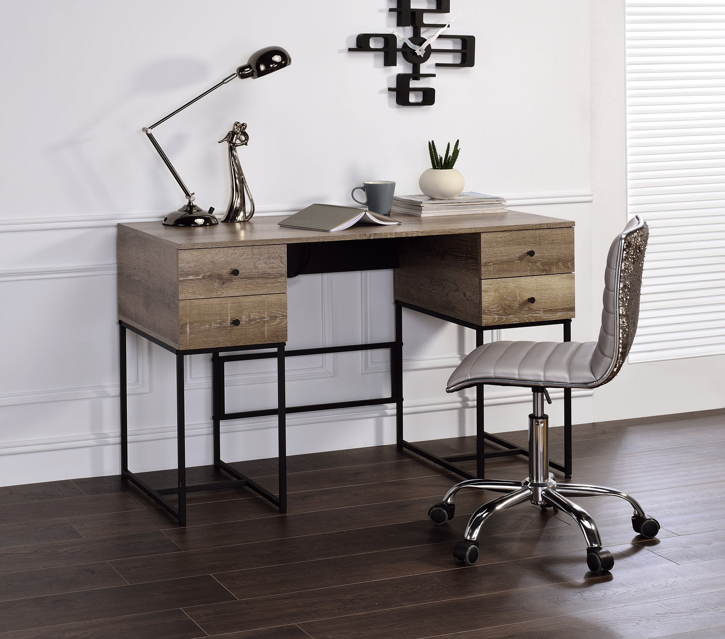 Rustic oak finish desk with black metal legs ideal for a modern home office