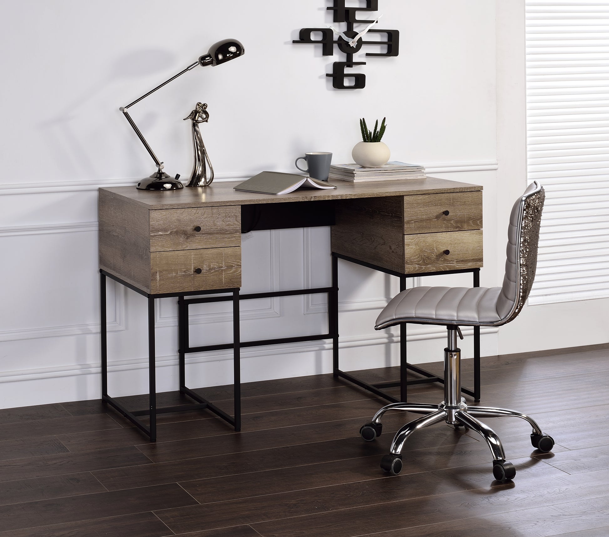 Rustic oak finish desk with black metal legs ideal for a modern home office