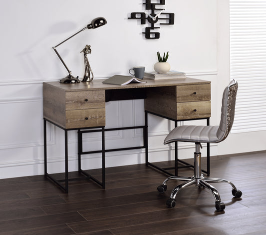 Rustic oak finish desk with black metal legs ideal for a modern home office