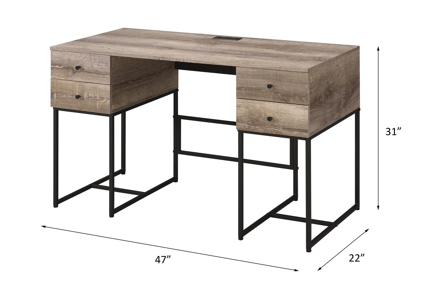 Rustic wood grain home office desk with black metal legs and four drawers