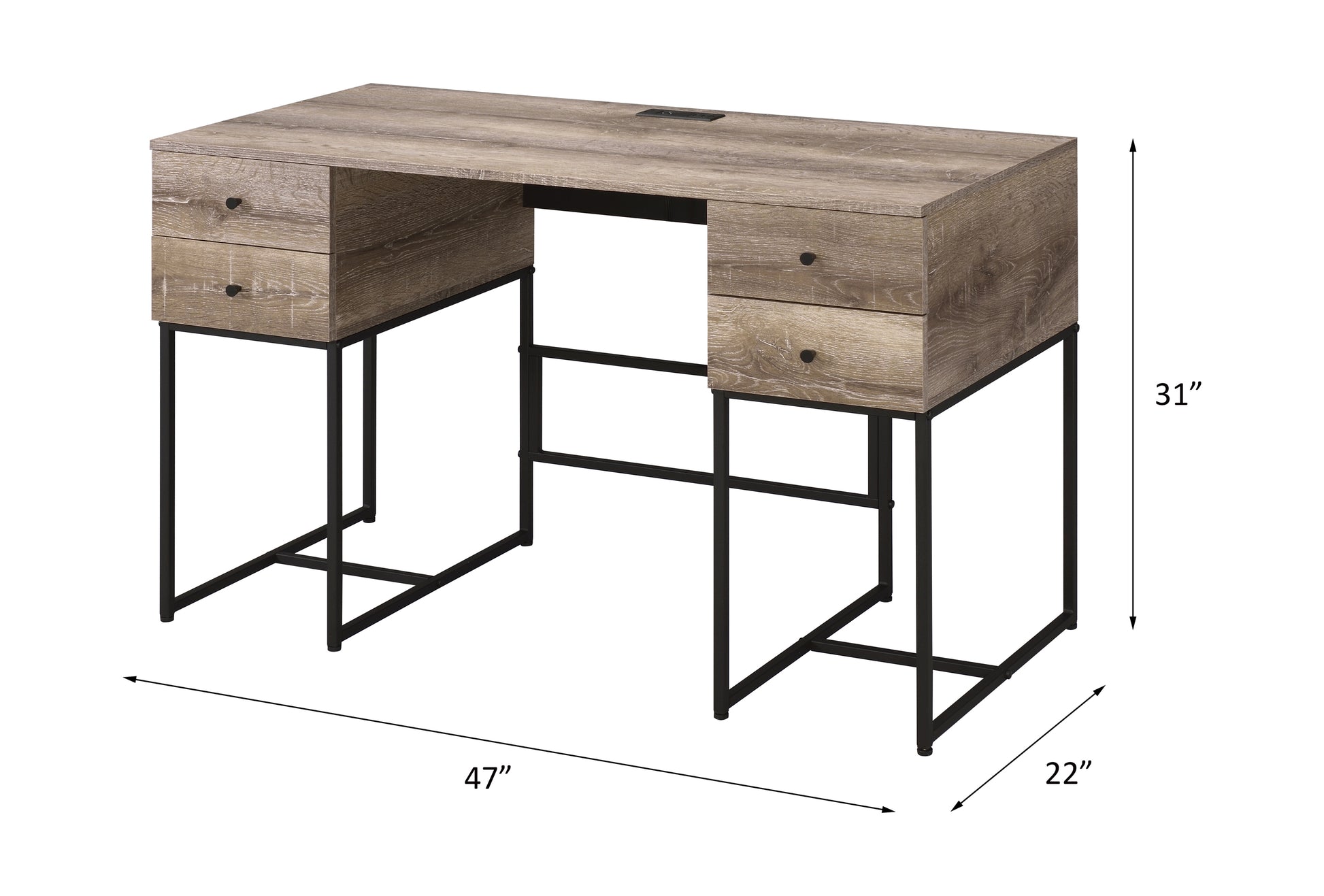 Rustic wood grain home office desk with black metal legs and four drawers
