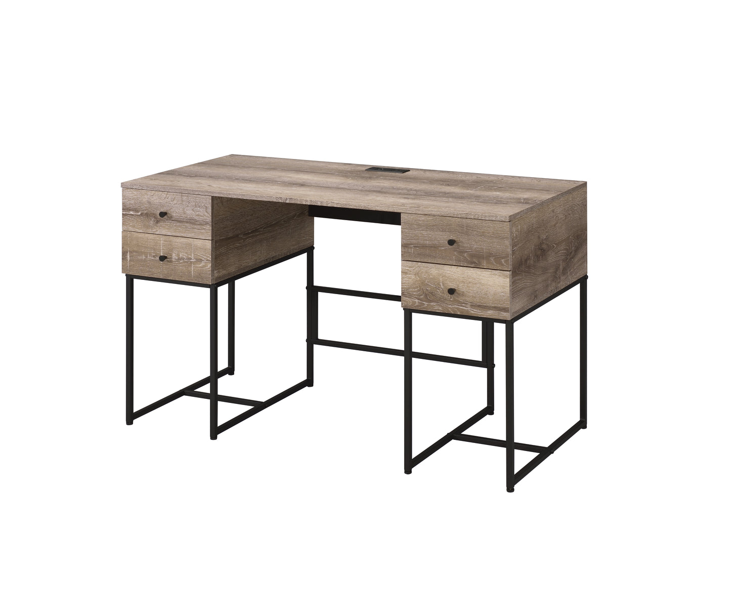 Rustic wood grain computer desk with black metal legs and dual drawers