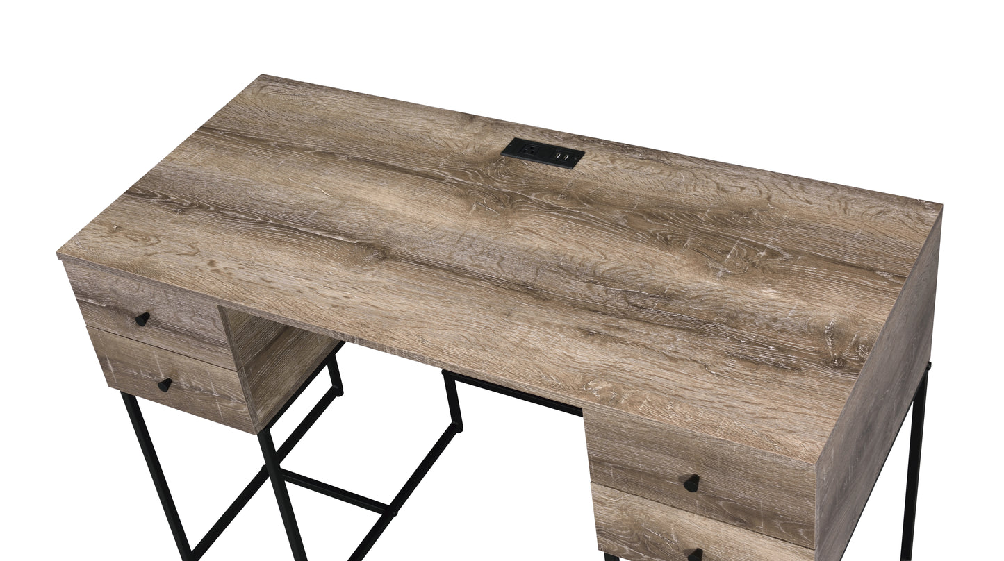 Modern wood grain writing desk with integrated power outlet and USB ports