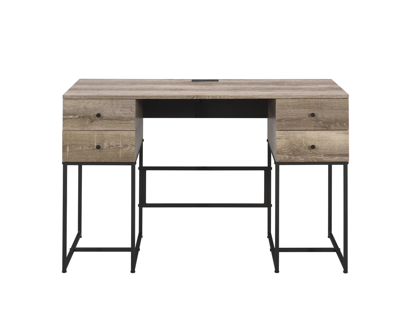 Rustic oak veneer desk with black metal legs and four drawers