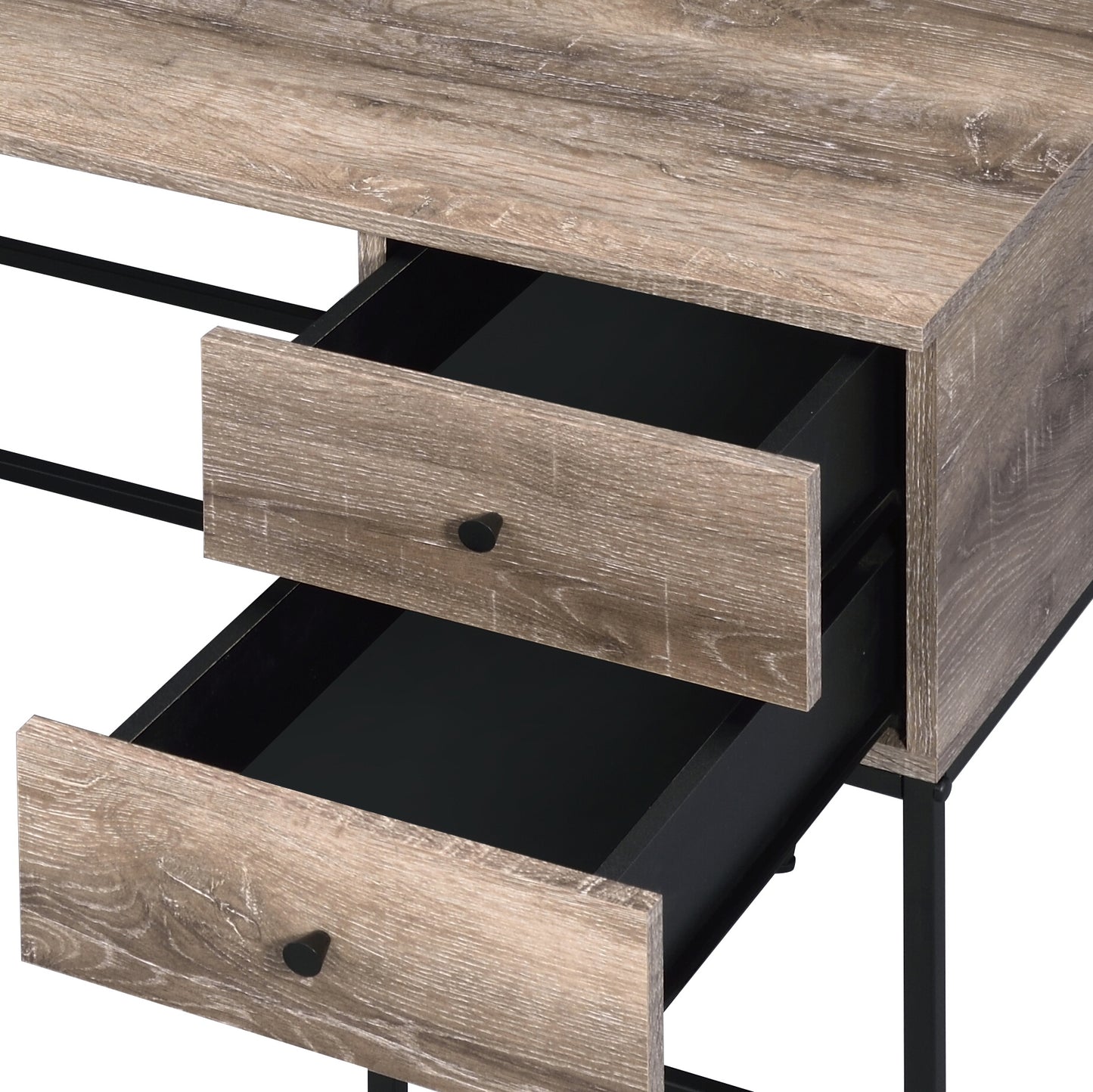 Rustic oak veneer writing desk with two black pullknob drawers and slender metal legs