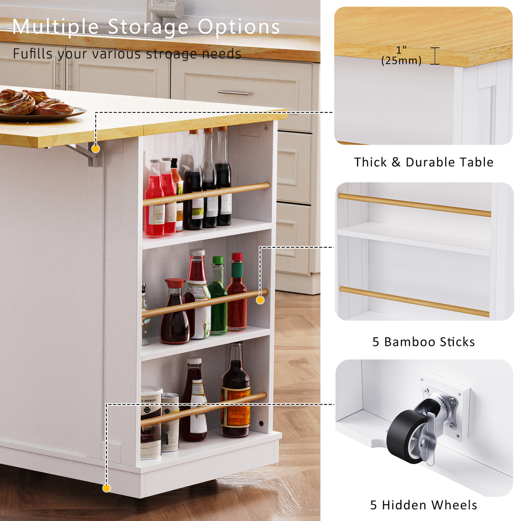 White kitchen island with natural wood top multiple shelves and assorted bottles