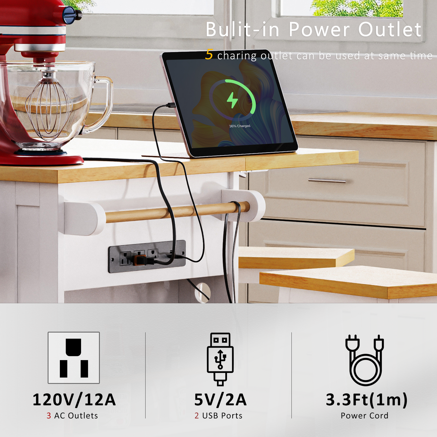 Kitchen cart with builtin power outlet  AC outlets for convenient charging