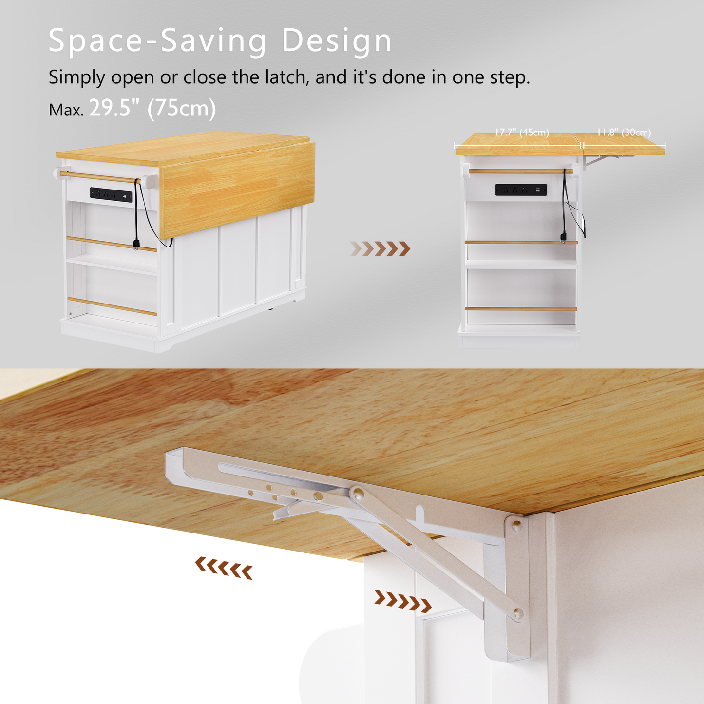 White kitchen island with a dropleaf countertop extended to showcase its full size and integrated power outlet