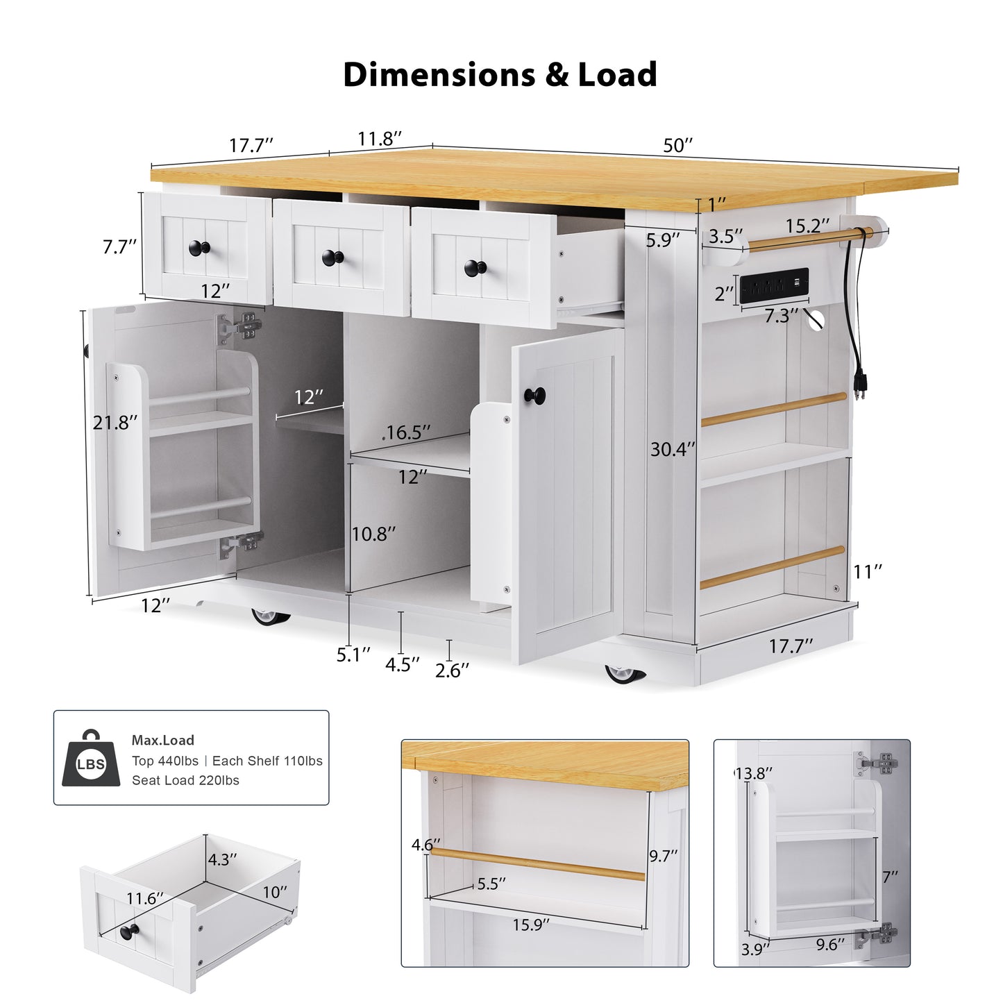 White kitchen island with butcher block top and drawers  length