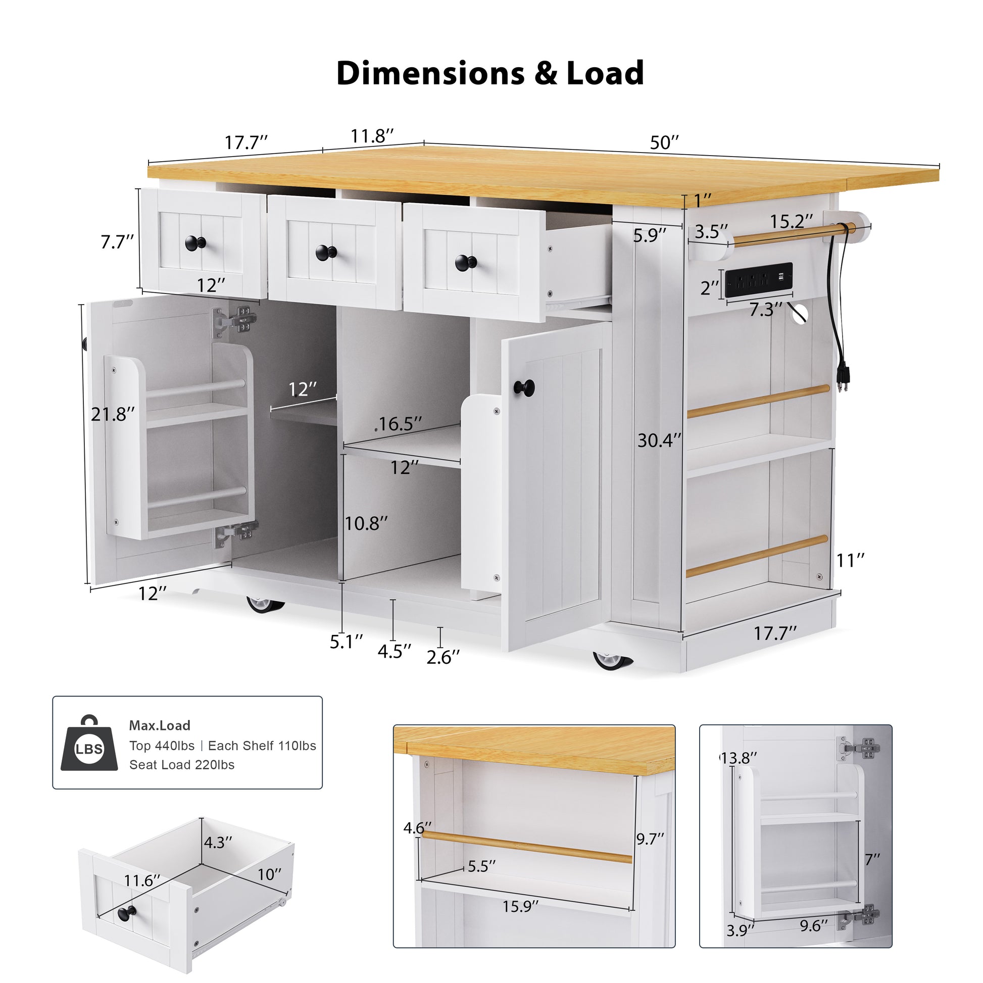 White kitchen island with butcher block top and drawers  length