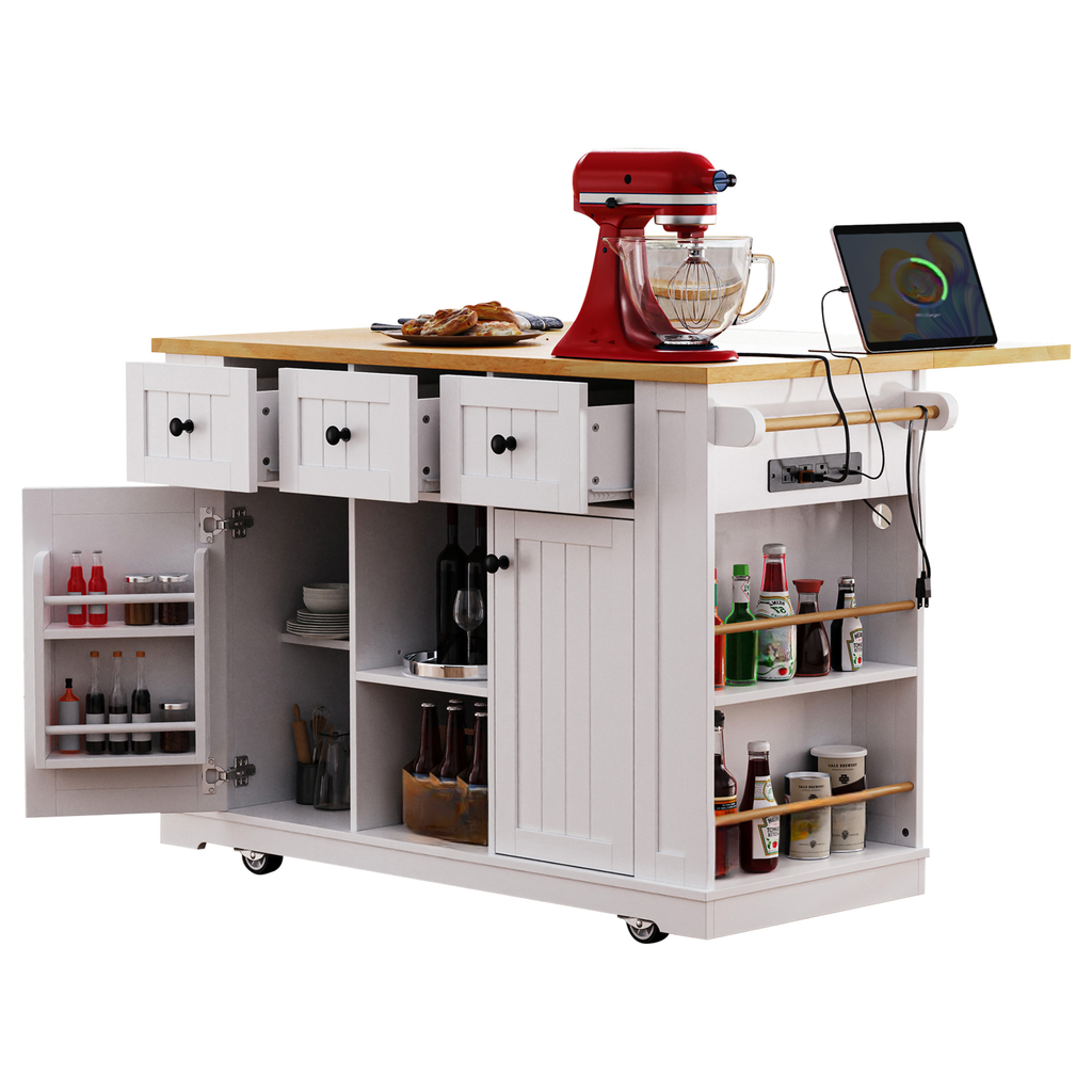 White kitchen island with butcher block top open shelves and drawers