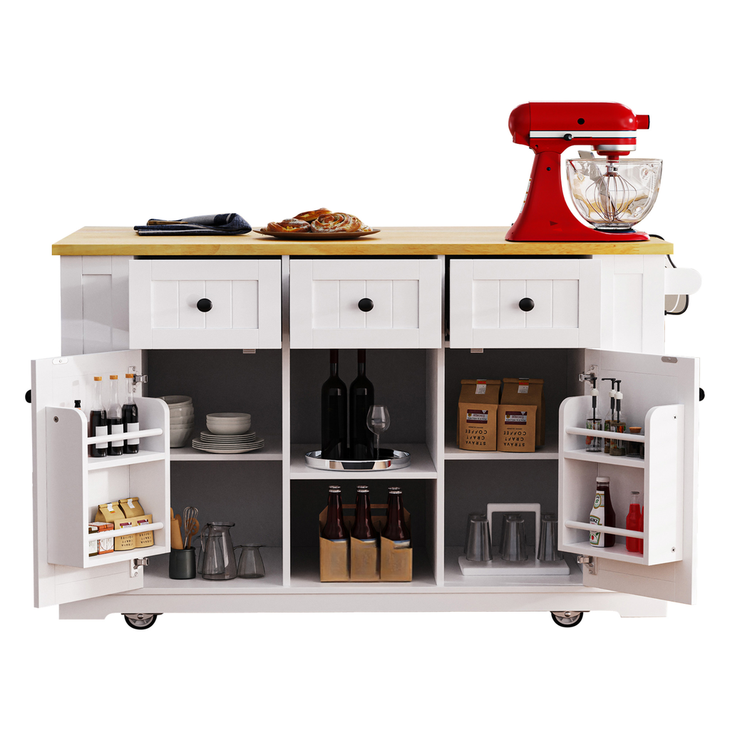 White kitchen island cart with butcher block top holding red stand mixer and baked goods
