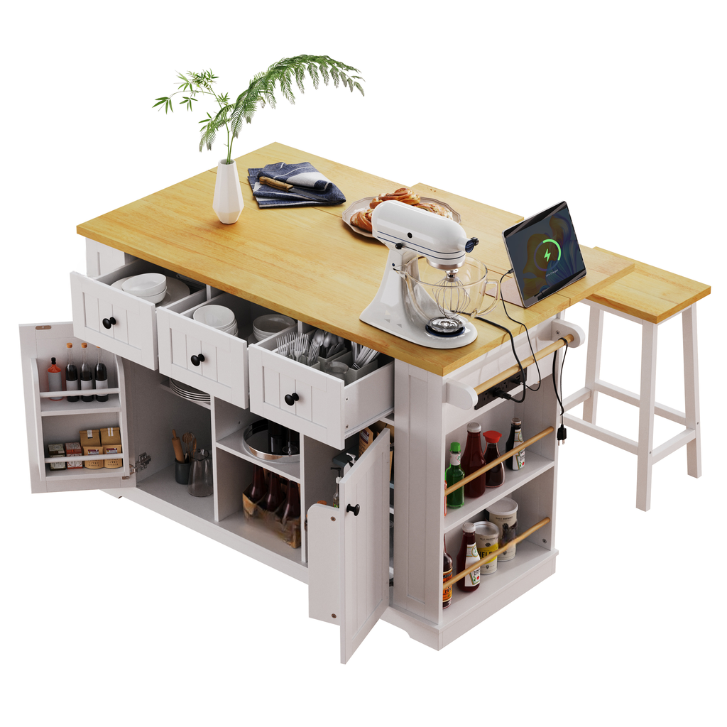 White kitchen island with a butcher block top multiple drawers and builtin shelving for storage