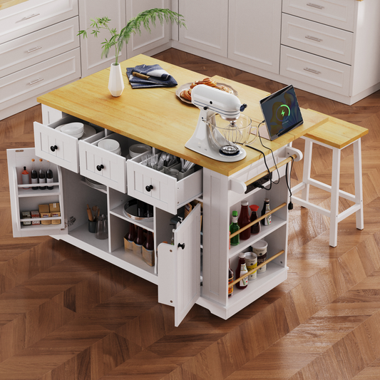 White kitchen island with butcher block top and ample storage