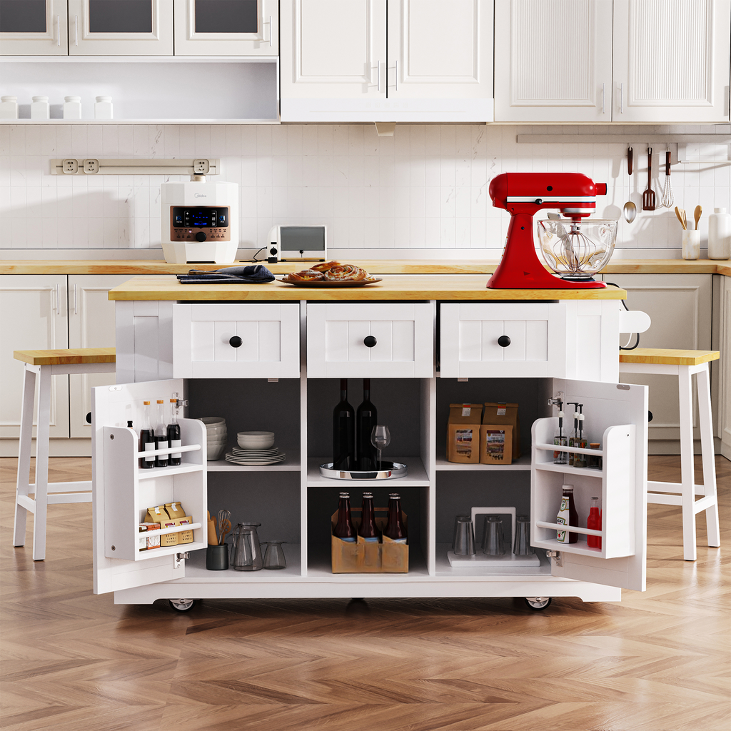 White kitchen island with butcher block top drawers open shelves and bar stools