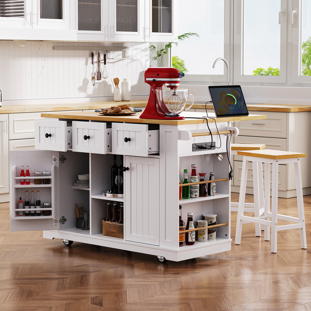 White kitchen island with wooden countertop red stand mixer and storage drawers