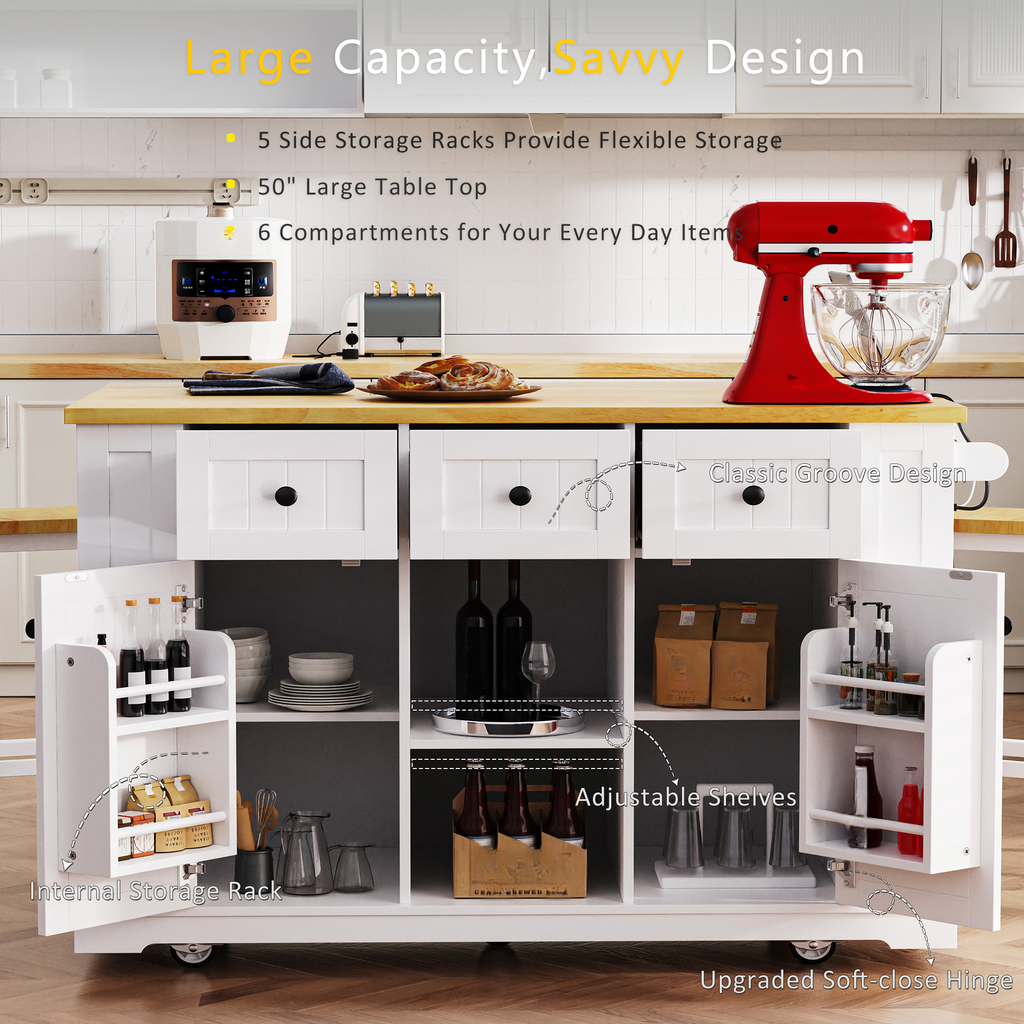 White kitchen island with butcher block top and ample storage