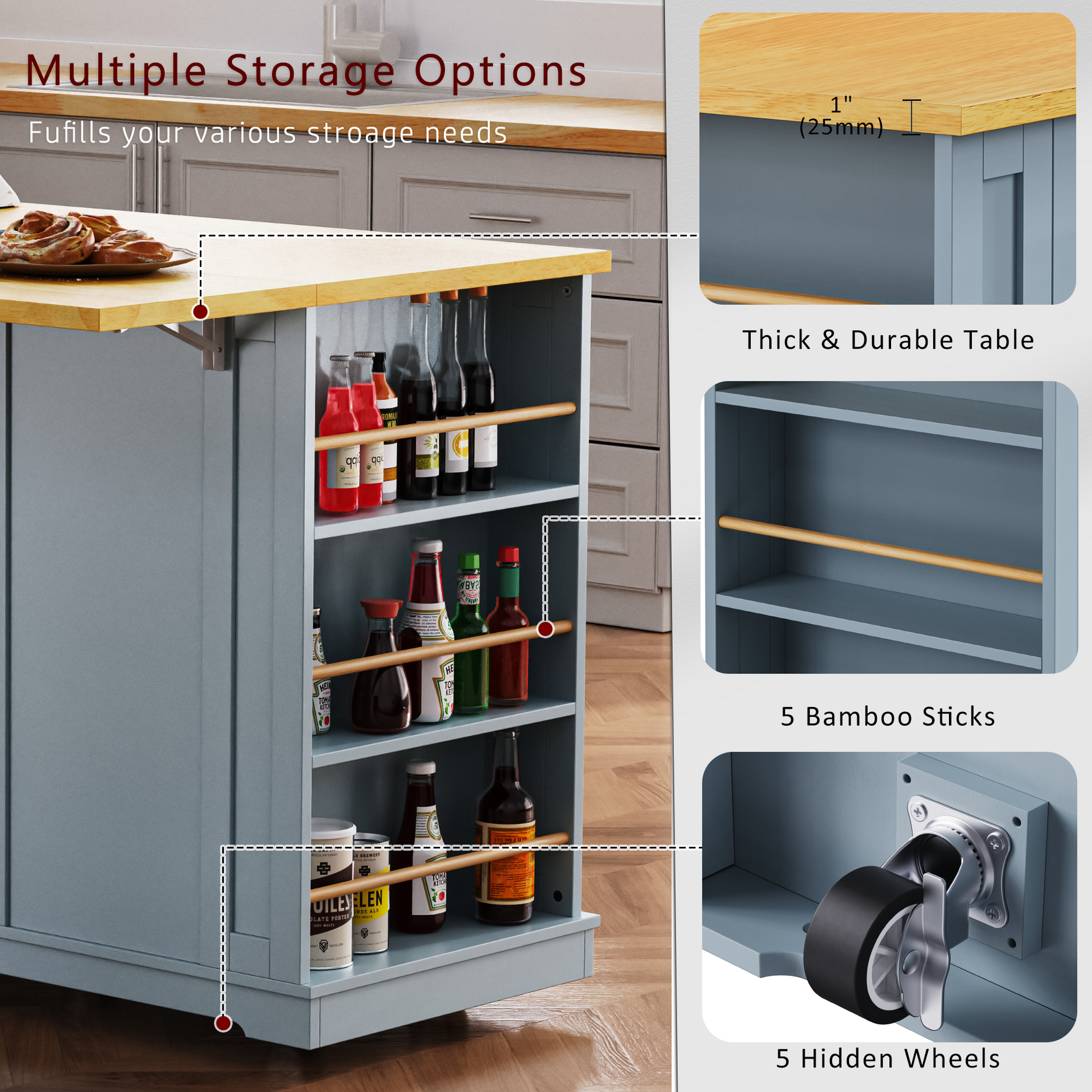 Blue kitchen island with butcher block countertop and open shelving