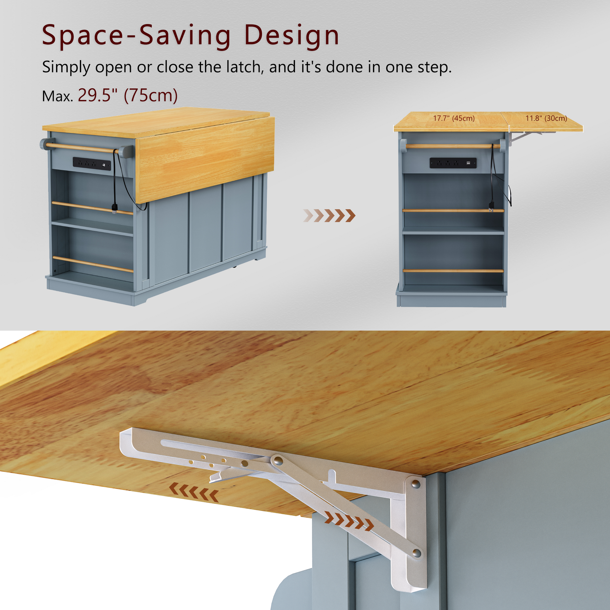 Foldable kitchen island cart with builtin outlets and light wood top
