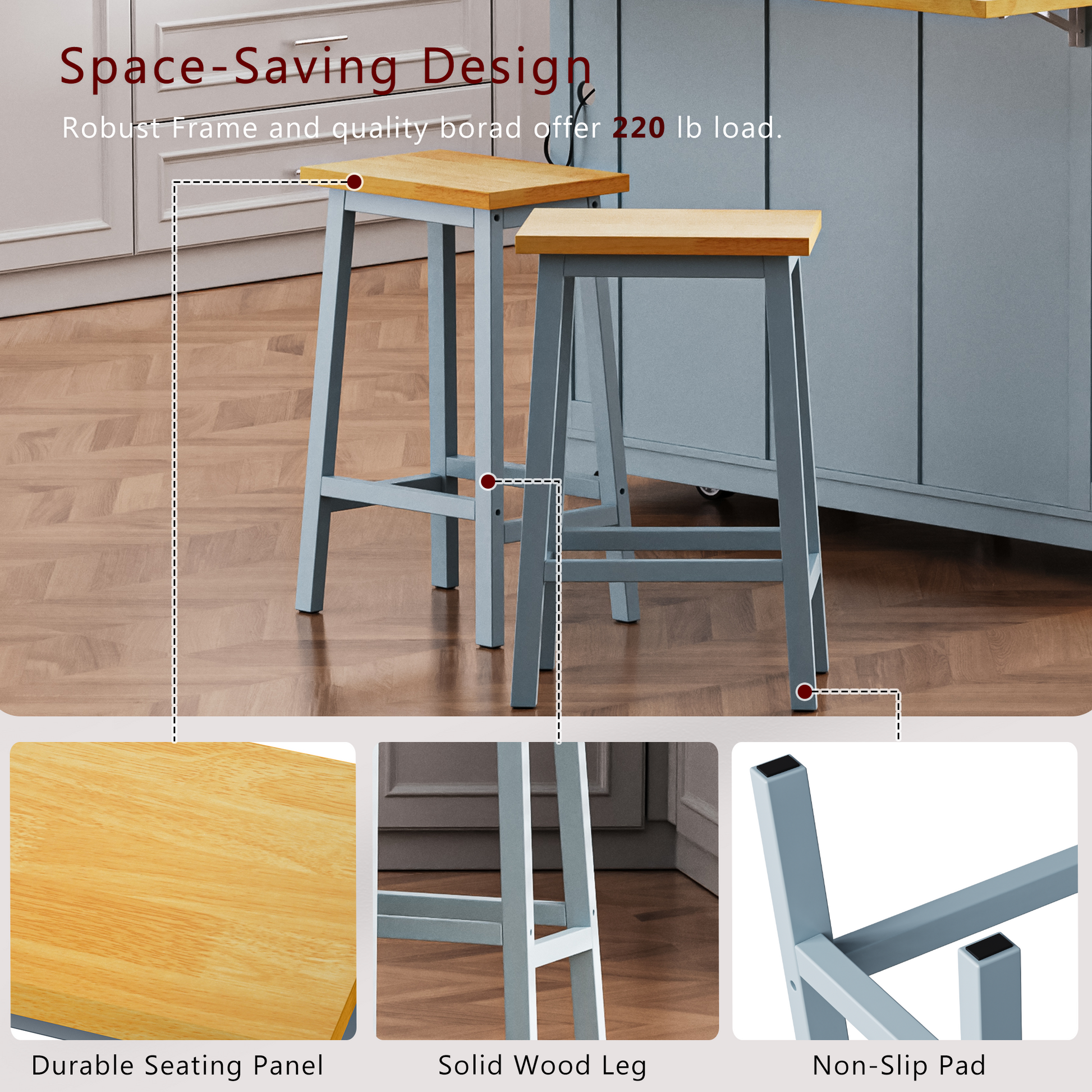 Two gray metal frame bar stools with natural wood seats for kitchen counter