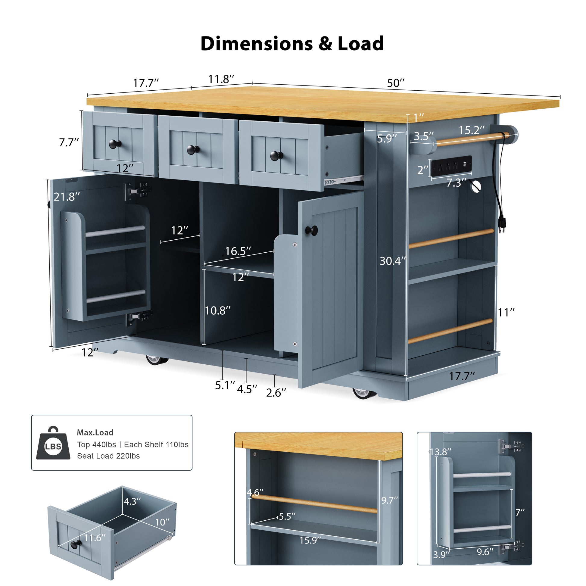 Blue kitchen island cart with butcher block top drawers and open shelves