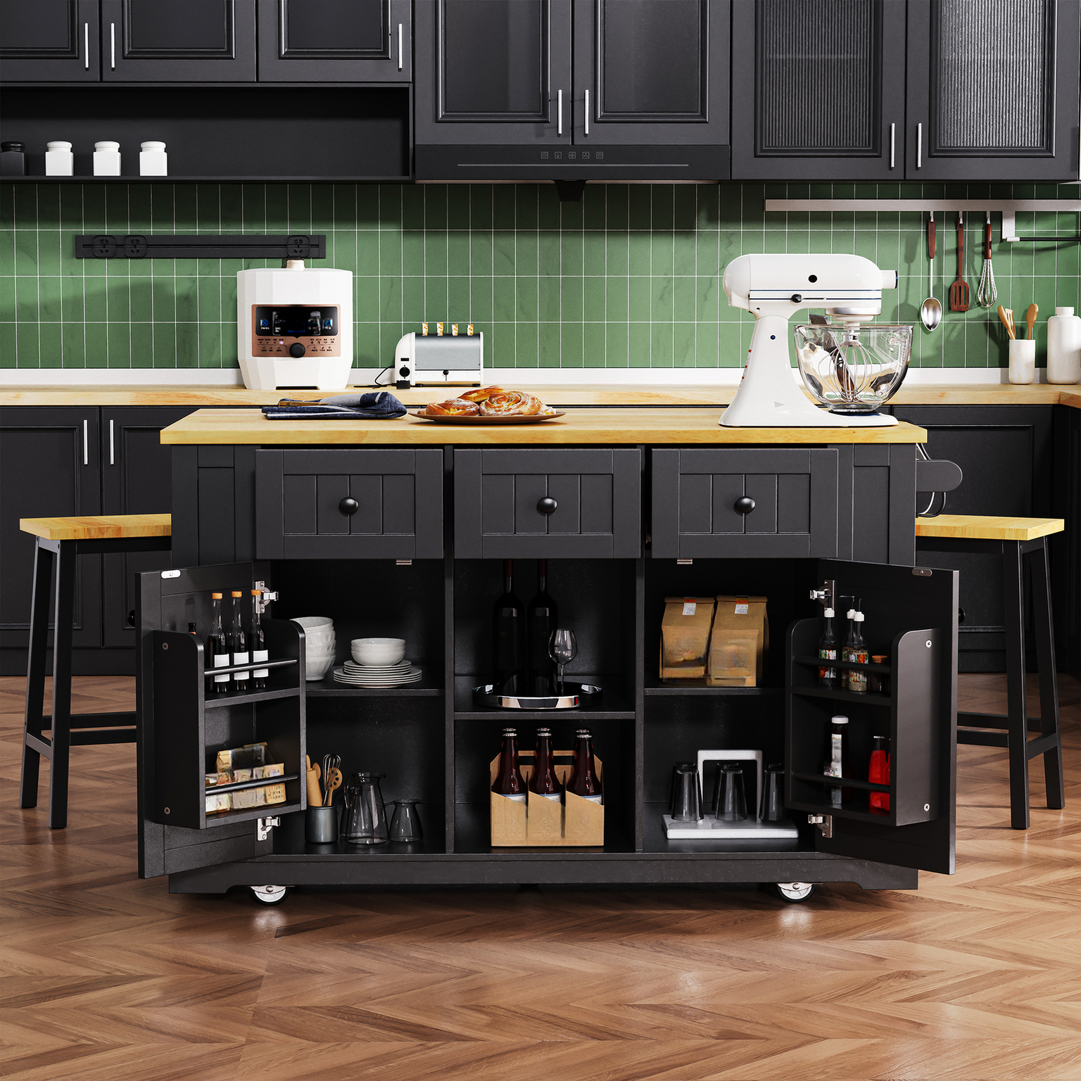 Black kitchen island cart with butcher block top and storage shelves
