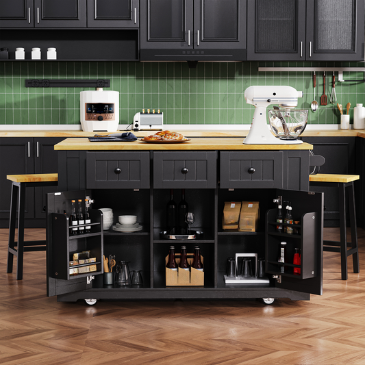 Black kitchen island cart with butcher block top and storage shelves