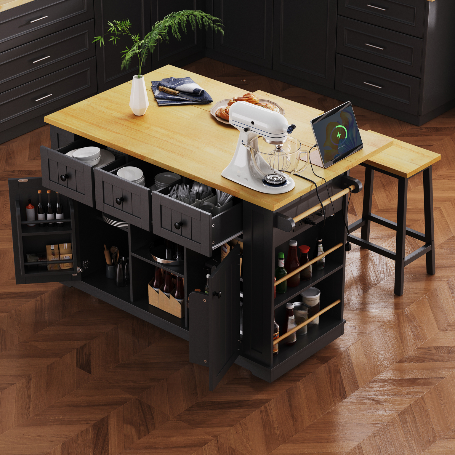 Modern kitchen island with a butcher block top and dark gray cabinets featuring ample storage for kitchenware
