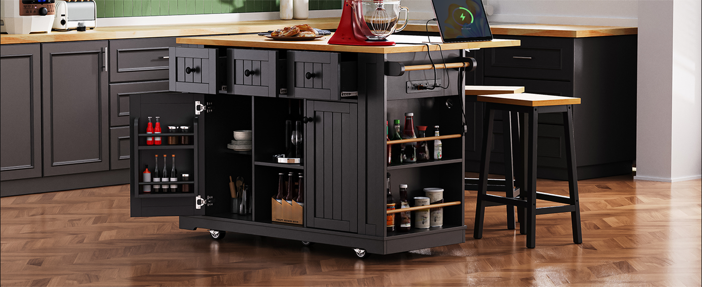 Black kitchen island with wooden countertop and open storage shelves displaying bottles and utensils