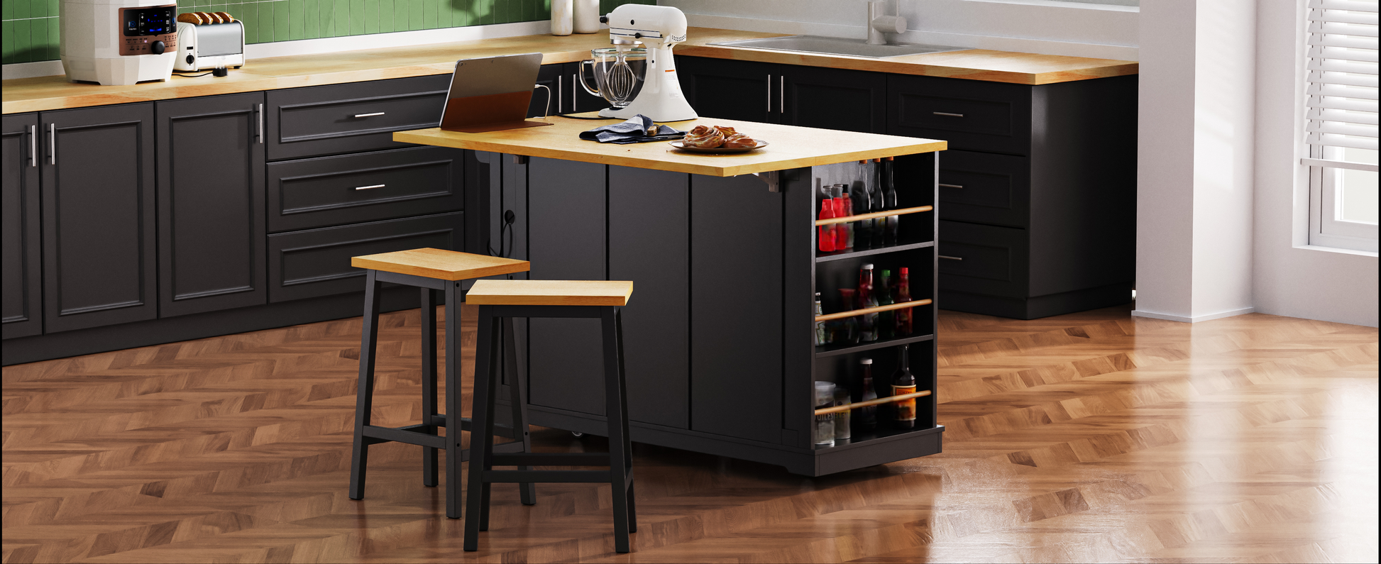 Modern black kitchen island with open shelving displaying bottles and a butcher block top