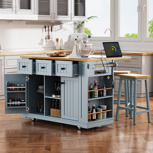 Blue kitchen island cart with wooden countertop and builtin power outlets